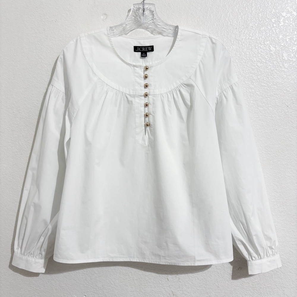 NWT J. Crew Shirred Popover Long Sleeve‎ Cotton Poplin Top in White